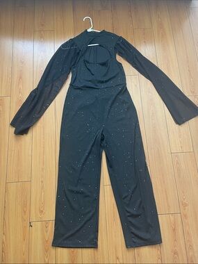 SHEIN Black Sparkle Cutout Long-Sleeve Jumpsuit